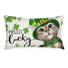 AACORS St.Patricks Day Pillow Cover 12x20 Inch Cat Clover Lucky Decorative Pillow Case Holiday Decorations for Home Sofa Couch (Green)
