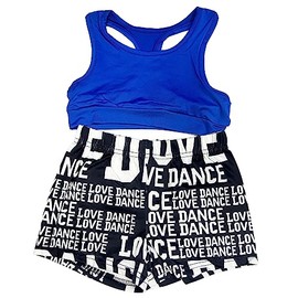 TAIKMD Little Big Girls 2-Piece Gymnastics Dance Outfit Racer Crop Top with Shorts Swimsuit Set (Blue & Black, 5-6)