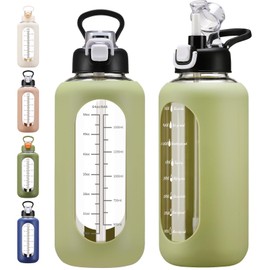 chunmo 64 oz Glass Water Bolttles with Straw Half Gallon Large Motivational Water Bottle with Time Marker Sports Water Bottles with Silicone Sleeve and Handle Lid Water Jug for Gym Workout
