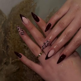 Press on Nails Medium Almond Fake Nails Brown French Tip with Cheetah Design Acrylic Nails for Women 24 Pcs (Brown-2, M-2)