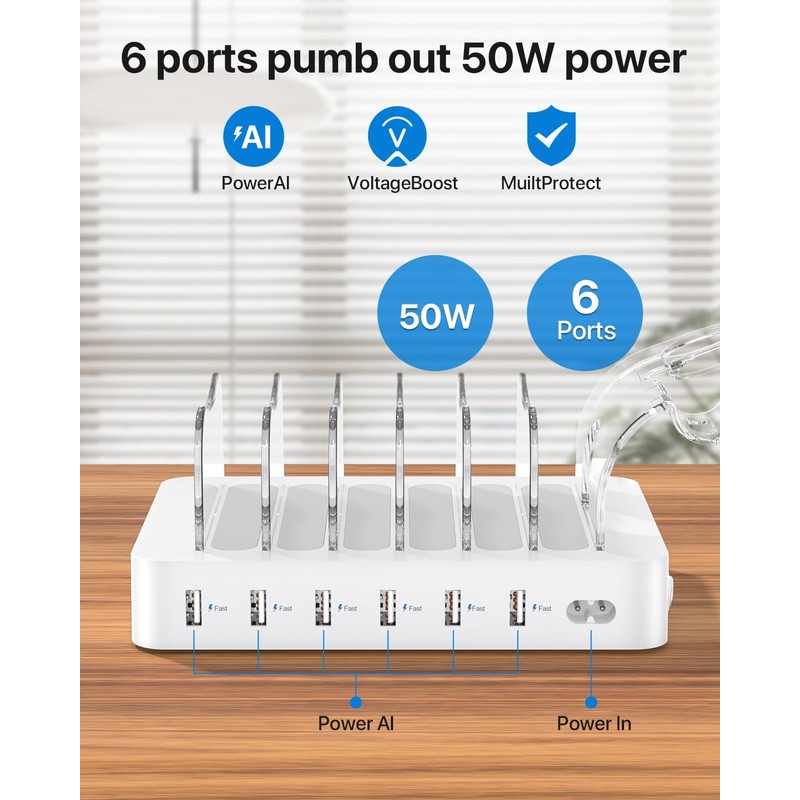 SooPii Premium 6-Port USB Charging Station Organizer for Multiple Devices,