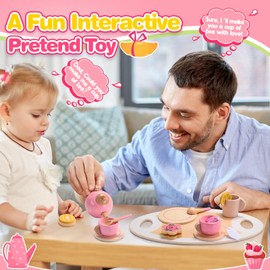 Geebiiny Toys for 2 3 4 5 Year Old Girls,Tea Set for Toddlers Wooden Kids Tea Set Gifts for 2 3 4 5 Year Olds Girls Toys Girls Birthday Presents Toddler Pretend Play Afternoon Tea Party Food Toys