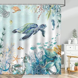 Avezano Sea Turtle Shower Curtain Nautical Biological Blue Ocean Turtles Octopus Coral Seahorse Bathroom Curtain Waterproof Bathtub Curtain Decor with 12 Hooks 72 X 72 Inches