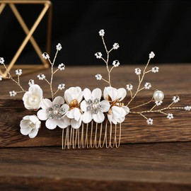 2Pcs Wedding Hair Combs Bridal Pearl Flower Headpiece Floral Leaf Hair Accessory for Women White