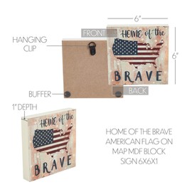 VHC Brands Patriotic My Country Home Of The Brave American Flag On Map MDF Block Sign 6x6x1, Independence Day Decor, Decorative Sign, Rustic Farmhouse Fourth of July Decorations