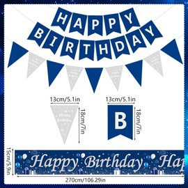 Happy Birthday Decorations for Men-Blue Silver Birthday Banners Balloons Bunting for Him,Birthday Party Decor for Boys,Birthday Banner Bunting Swirls Triangle Flags Confetti Latex Balloons