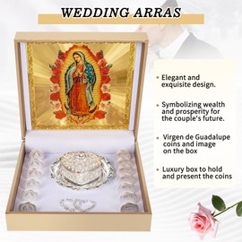 FUNPAR Arras Para Boda Catolica with Virgen De Guadalupe Gift Box, Arras De Boda Cristiana, Premium Arras De Boda Catolica, Wedding Coins Catholic Arras Box, Mexican Wedding Arras Coins Set (Silver)