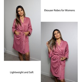 Ekouaer Women Robes Waffle Knee Length Bathrobe Lightweight Soft Sleepwear V neck 3/4 Sleeve Casual Ladies Loungewear Gray Purple S