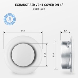 calimaero® Round Vent Cover TVSA 6 Inch Small Round Air Vent with adjustable Register Diffuser Metal Wall Cover for Bathroom Kitchen Garage Outdoor and Indoor use in Super White RAL 9016