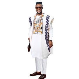 HD African Boubou Embroidery Caftan Attire for Men Nigerian Traditional Formal Dress Agbada Clothes Set White Dashiki 3 Pieces Outfit 4XL