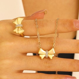 Gold Bow Knot Necklace Ring Set Bowknot Ribbon Necklace Ring Christmas Valentine's Day Gifts for Women Friendship Gift