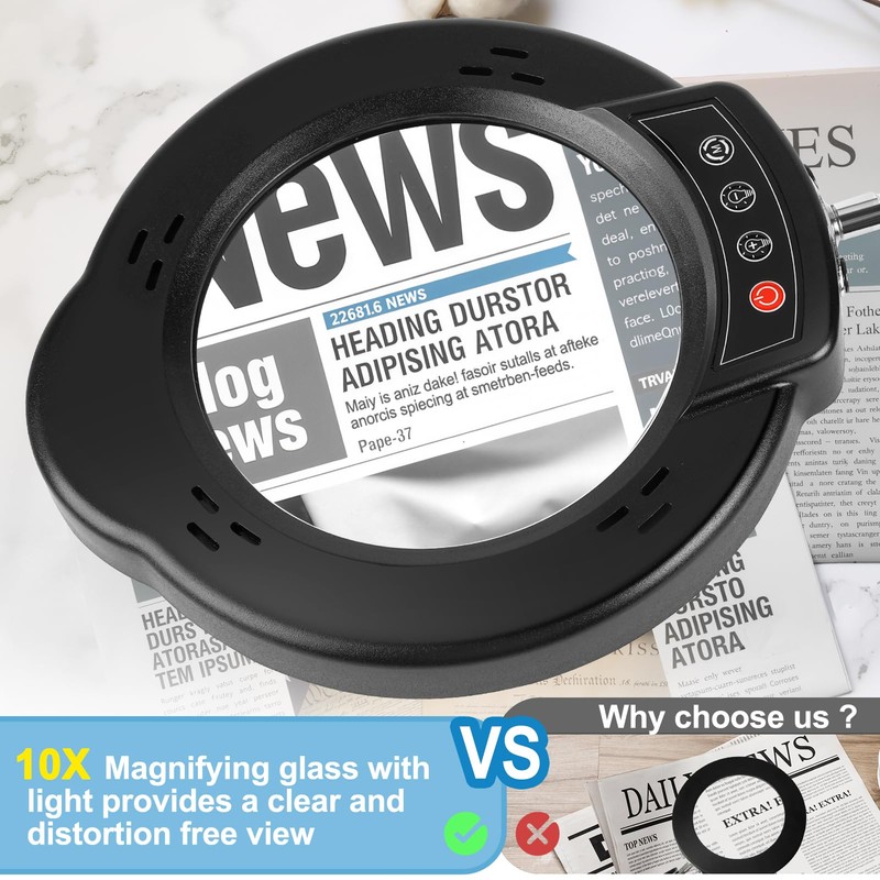 Upgrade 12X Magnifying Glass with Light and Stand, Real Glass
