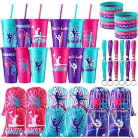Nuogo 48 Pcs Gymnastics Party Favors, Include 12 Plastic Gymnastics Cups with Lids and Straws, 12 Gymnastics Themed Drawstring Gift Bags, 12 Silicone Wristbands and 12 Silicone Keychains for Women
