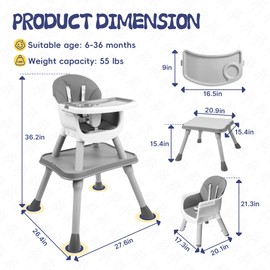 5 in 1 Baby High Chair, Toddler Chair with Removable Tray, Convertible High Chairs for Babies and Toddlers, Kids Learning Table, Building Block Table, Dining Booster Seat with Safety Harness, Gray