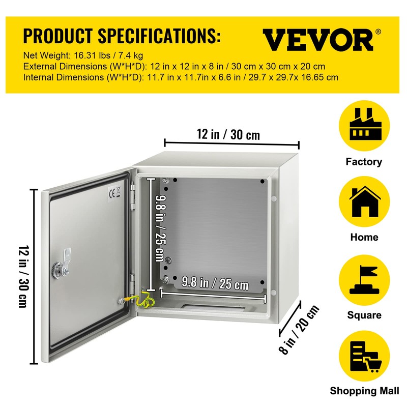 VEVOR NEMA Steel Enclosure 12×12×8,NEMA 4X Steel Electrical Box,IP66 Waterproof
