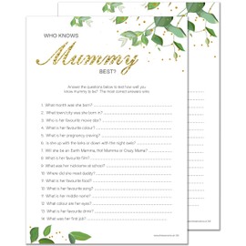 20 x Who Knows Mummy Best Baby Shower Game from Olivia Samuel - Botanicals Design (20 Guest Cards + 1 Card of Answers for The Host + Winner's Certificate)