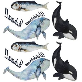 Oottati Small Cute Temporary Tattoo Sticker Set of 2 - Killer Whale Blue Whale Fish Boys Girls Designs for Hand Neck Face Wrist, Waterproof Fake Body Art, Simple & Modern Unisex Skin Decals