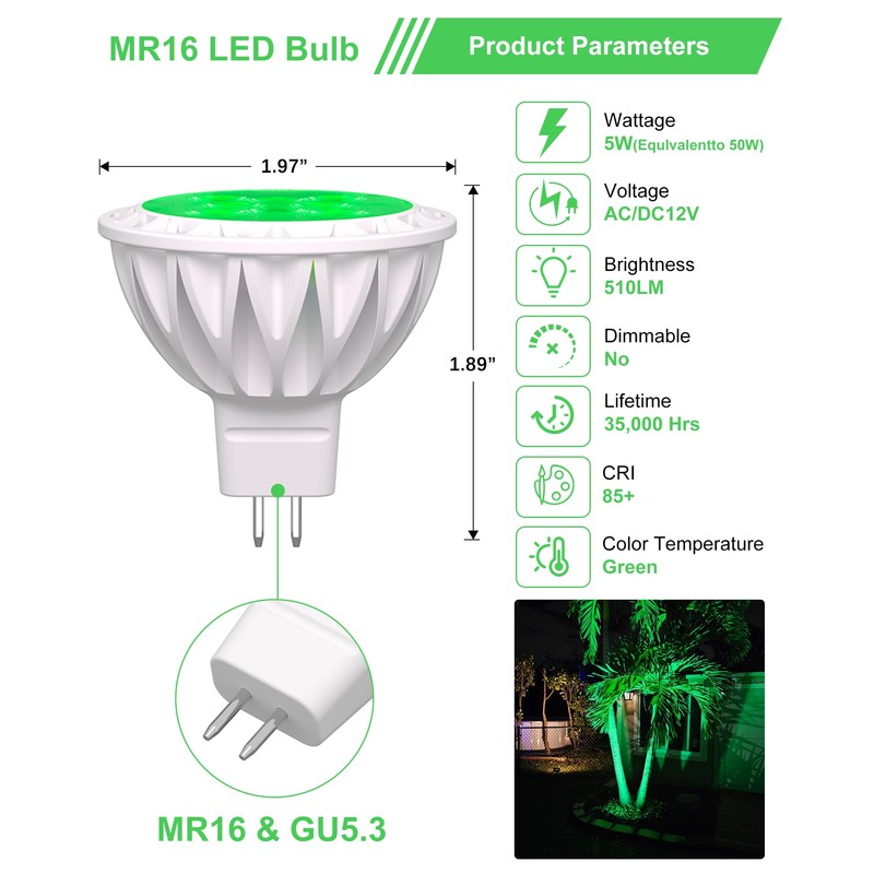 6-Pack MR16 Green LED Bulbs-Natural 5W 50W Halogen GU5.3 Base