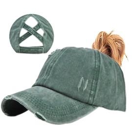 Enwokran Women Ponytail Hat Baseball Cap, Adjustable Criss Cross Messy Buns Ponycaps High Bun Cotton Distressed Dad Trucker Hats (ArmyGreen)