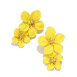 Boho Flower Stud Earrings for Women Girls,Elegant Layered Floral Petal Drop Earrings,Cute 3D Simulation Flower Statement Stud Earrings with Gold Flower Bud for Mom Sister Friends (Yellow)