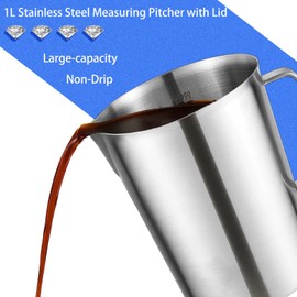 Stainless Steel Measuring Pitcher with Lid, 32 oz / 1L Large Metal Jug with Handle & Dual Scales, Wide Mouth Graduated Cup for Milk Frothing, Iced Tea, Espresso, Hot & Cold Water
