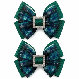 Green Plaid Hair Bows 2Pcs Christmas Rhinestone Square Clip