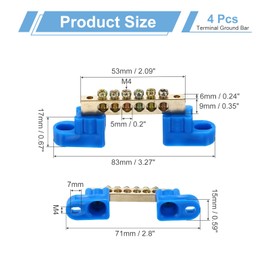 MECCANIXITY 4 Pcs Terminal Ground Bar, 6 Positions Screw Brass Terminal Bus Bar, 6x9mm Ground Terminal Block for Electrical Equipment, Distribution Box, Blue