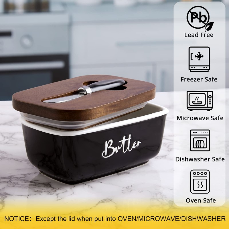 ALELION Black Butter Dish with Lid and Knife for Countertop