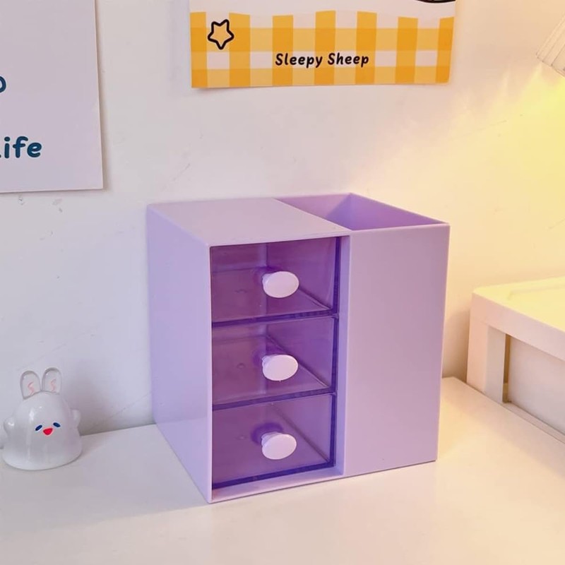 AIMALL 3-Drawer Pen Organizer, Multi-Purpose Purple Storage Box, Plastic Cosmetic