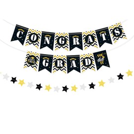 Kiyanest Graduation Party Banner - Black & White Chevron Congrats Grad Decoration