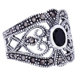 Windalf Medieval Luciana Women's Silver Ring 16 mm Statement Band Ring Black Crystal Gothic Vintage Bohemia Marcasite 925 Sterling Silver, Fabric, Onyx