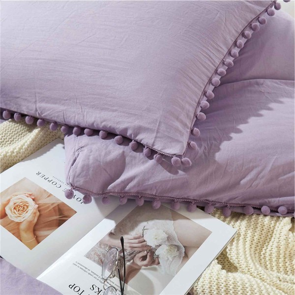 Lavender Standard Size Pillow Shams Set of 2, Boho Pom