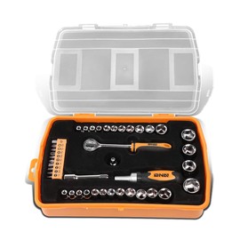 DNA MOTORING Home Repair Tool Set, Magnetic Screwdriver Socket Set, Ratchet Screwdriver Tools Set for Mechanics and DIY, w/Storage Box, Orange, TOOLS-00037