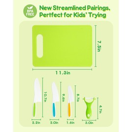 Kids Knife Set, 5 Pcs Montessori Kitchen Tools for Toddlers' Real Cooking for 3+, BPA Free Kids Safe Kitchen Cooking and Baking Set with Peeler, Cutting Board for Sandwich Bread Vegetable Fruit Gift