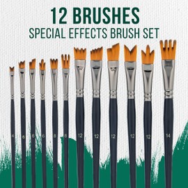 U.S. Art Supply 12 Piece Special Effects Artist Paint Brush Set - Professional Taklon Synthetic FX Brushes, Ribbon, Muti-Liner, Angular - Create Grass, Hair, Fur - Watercolor, Acrylic, Gouache, Oil