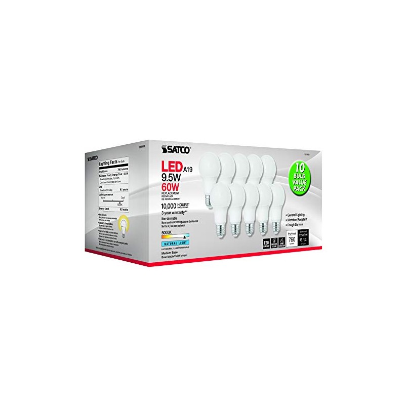 Satco S11411 9.5-Watt A19 LED Light Bulbs, 60-Watt Replacement, 5000K