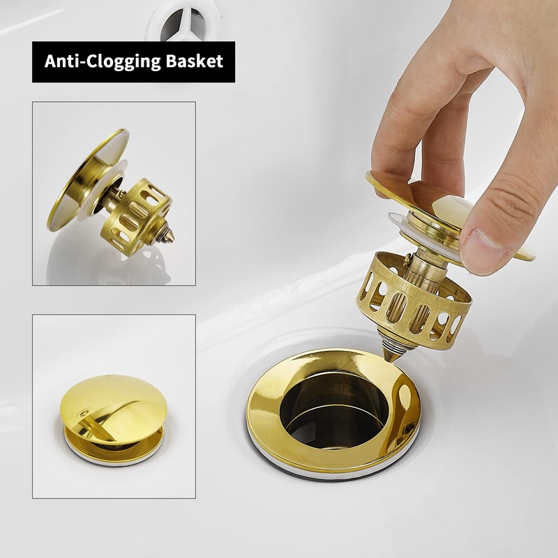 WOMAO Gold Sink Drain Fitting, Pop-Up Drain Valve with Overflow