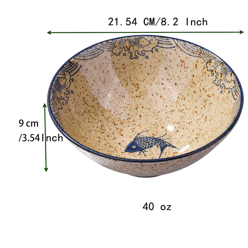 Whitenesser 8-inch Ceramic Ramen Bowls with Fish Design, Japanese Style