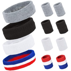 PAMASE 4 Sets Colorful Striped Sweatbands Set, Including 4 Pcs Sports Headbands and 8 Pcs Wristbands Cotton Sweat Band American Flag Style for Tennis Athletic