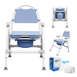 4 in 1 Folding Bedside Commode Chair for Elderly & Disabled - Adjustable Height Raised Toilet Seat with Arms, Back & 30 PCS Cleaning Bag for Pregnant Women & Post-Surgery - Supports 360 lbs(ABS Seat)