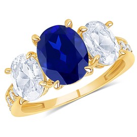 MAX + STONE 10K Yellow Gold Blue Sapphire Ring for Women | September Birthstone Ring | Hypoallergenic Three Stone Gemstone Gold Ring |Sapphire Engagement Ring| Sapphire Statement Cocktail Ring Size 6