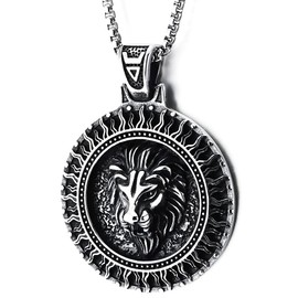 COOLSTEELANDBEYOND Men Women Steel Embossed Lion Head Sunray Circle Medal Pendant Necklace, Vintage Blackened