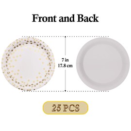 TOPWAYS Disposable Paper Plates, 7inch 25 Pcs White Champagne Gold Dot Large Paper Plates Party Tableware Dinnerware Disposable Dish Platess for Weddings Birthday Engagement Christmas BBQ Picnics