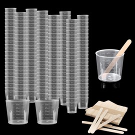 Bhina Pack of 100 30 ml Plastic Mixing Cups Measuring Cups with 100 Wooden Sticks Graduated Measuring Cups Small Transparent Plastic Mixing Cups for Mixing Colours Epoxies Resin Laboratory Painting