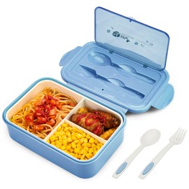 BIBURY Lunch Box, Bento Box, Brotdose mit 3 Fächern und Besteck, Auslaufsicher Brotzeitbox Kühlschrank Spülmaschinenfest Mikrowellengeeignet, Brotdosen für Schule Arbeit Picknick Reisen(Blau)