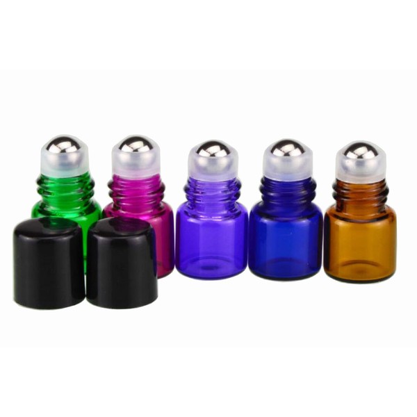 12PCS 2ml Mixed Color Small Ounce Mini Tiny Glass Roll On Containers Rollerball Bottle Cosmetic Vial Pot Holder Bottles With Metal Roller Balls For Aromatherapy Essential Oil Lip Gloss Balms Perfumes
