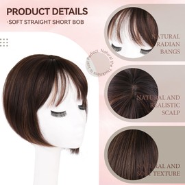 LEEONS Hair Toppers for Women Hair Toppers with Bangs Short Bob Synthetic Hair Pieces for Thinning Hair Side Part Hair Toppers for Women Straight Bob Hair Topper (Dark Brown with Highlights)