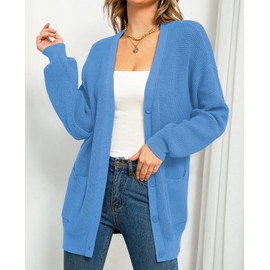 QUALFORT - Suéteres de punto de gran tamaño para mujer, 100% algodón, con botones, con bolsillos, cárdigan de otoño 2025, Azul/claro, Large