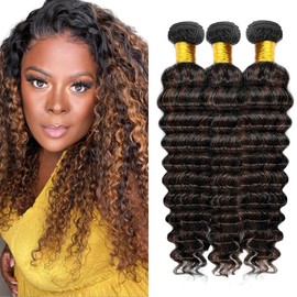 P1B30 Bundles Highlight Deep Wave Human Hair Bundle Two Tone Black Mixed With Light Brown 3 Bundles 12 14 16 Inch #1B30 Ombre Deep Curly Bundle For Black Women