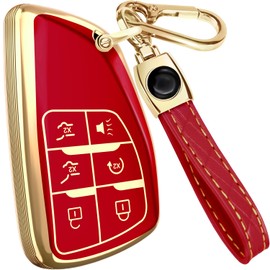Lucrum Compatible with Chevy, GMC, and Buick Key Fob Cover & Leather Keychain - Keyfob Case for Silverado Tahoe Avenir Envision - (2021-2025) - Red and Gold